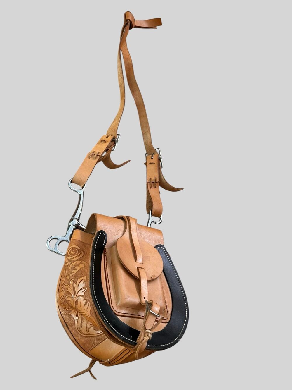 Vintage Tooled Leather Horse Bit Saddle Bag Purse Western Equestrian Handbag -